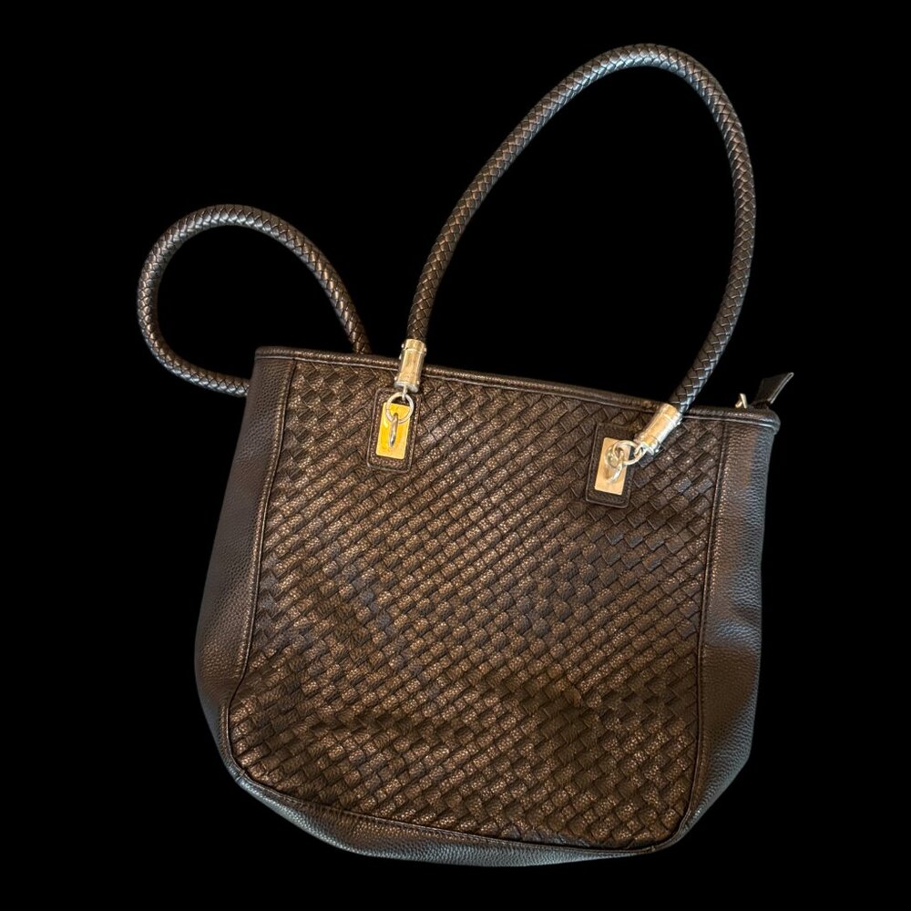 Black Woven Faux Leather Shoulder Bag